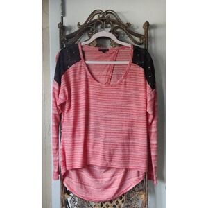 Material Girl Womens Top Sz L Orange & White Striped Stretch Open Back Long Slee